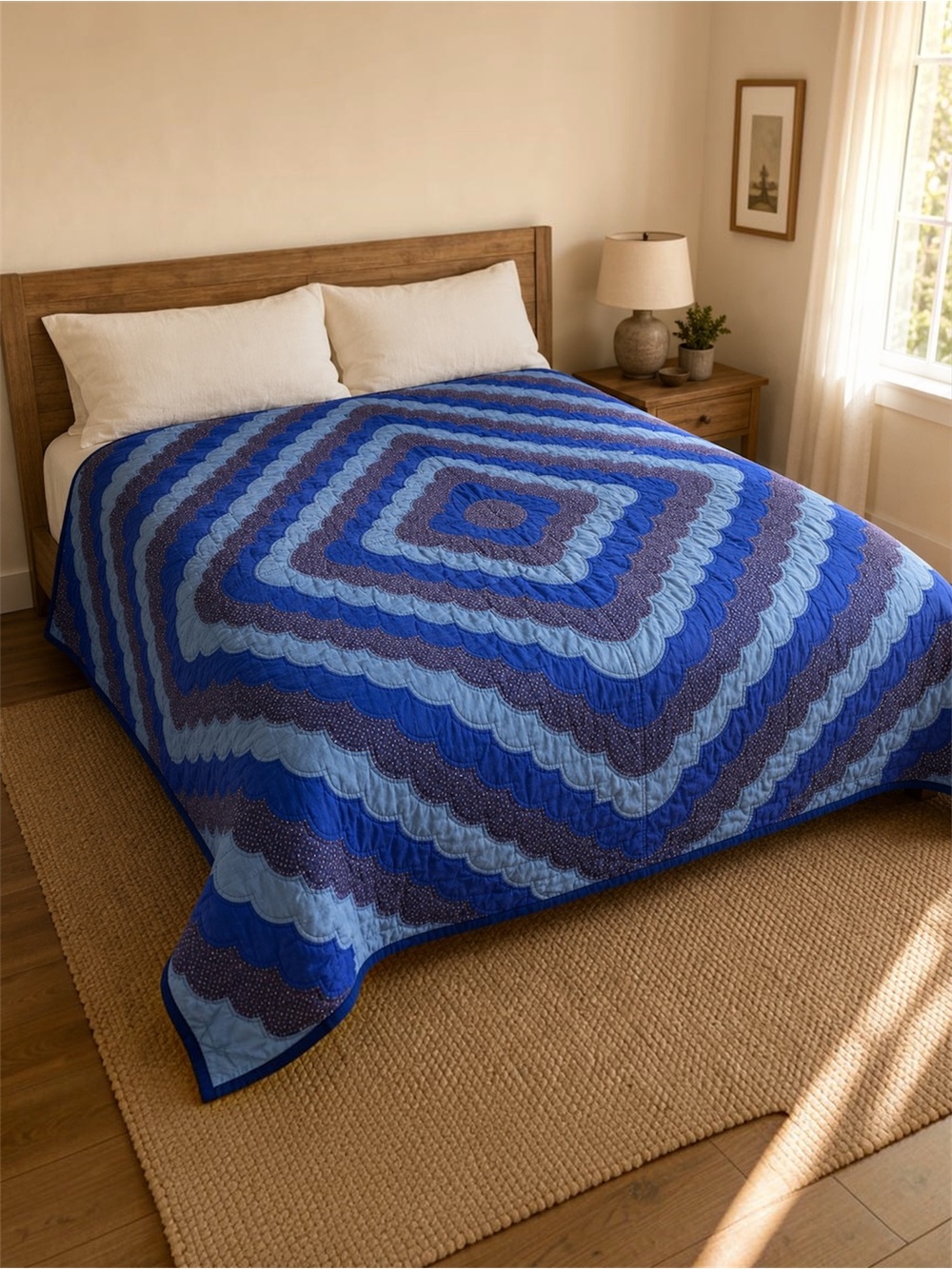 Vintage Hand Pieced Hand Quilted Bargello Queen Quilt Blue Reversible 86x100